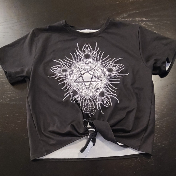 Blackmilk Tops - Blackmilk Tie Front Pentagram Skulls Tee, Black White, Small